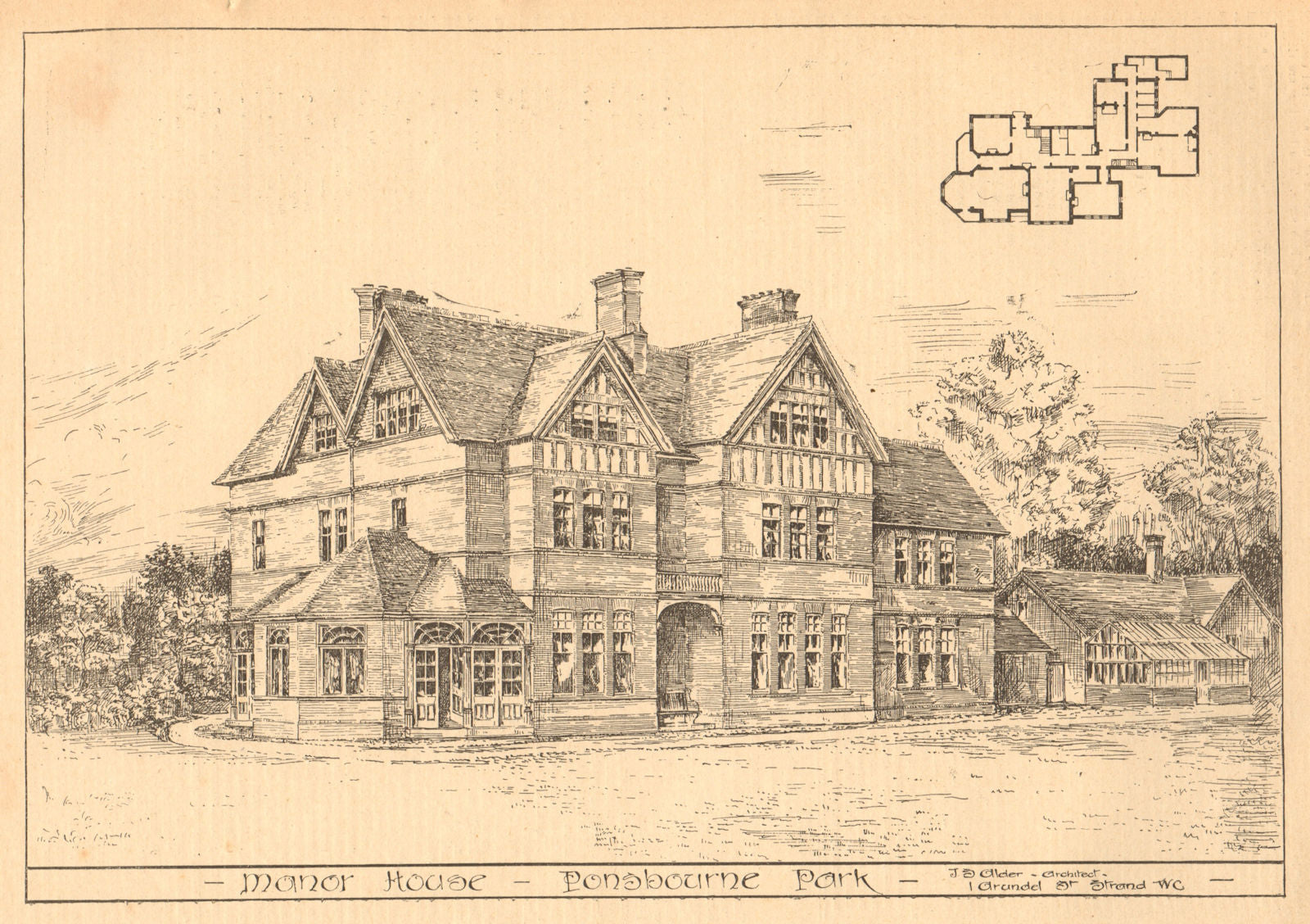 Manor House, Ponsbourne Park, JS Alder Architect. Hertfordshire 1904 old print